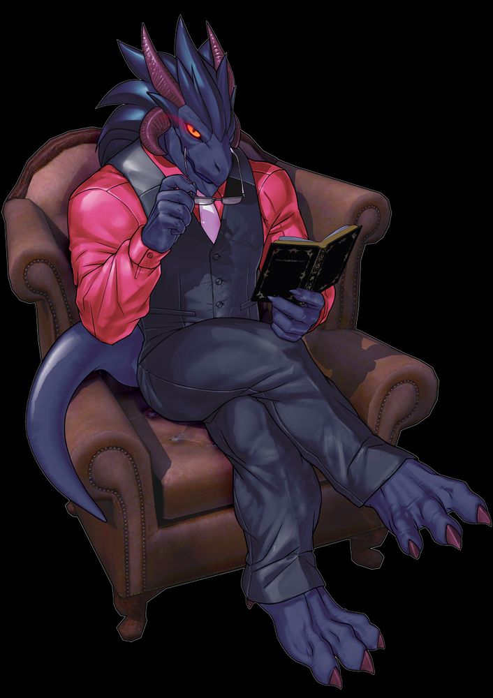 Black dragon sitting in a chair, legs crossed. Reading a book. He is holding glasses in left hand, pulling them down. The pure red eyes look at the viewer. He is sitting on a red sofa chair.