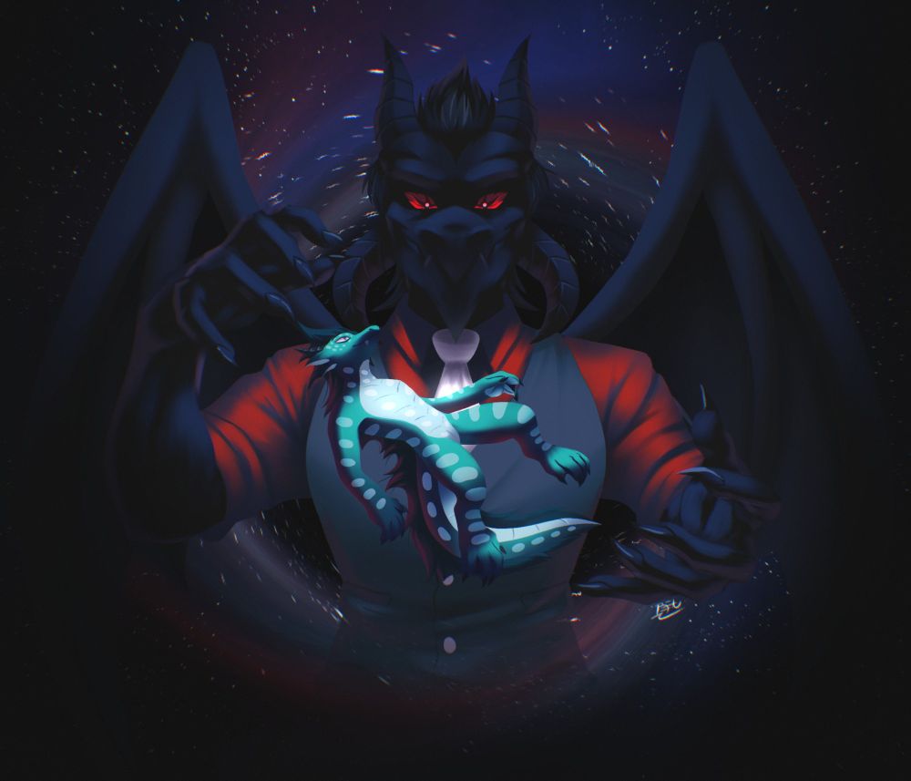 An image of a dragon fursona in a red suit, grey best and white tie holding a green lizard sona floating in space. Held by magic of the dragon fursona while in space. 