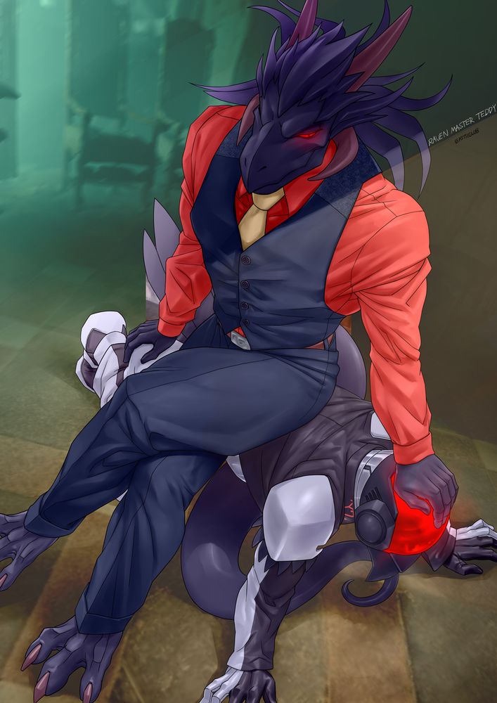 Black goo dragon sitting crosslegged on top of a person. The dragon is wearing a red shirt, black vest, yellow tie and black dress pants. Person is a drone on all fours wearing a black, white and red uniform. Helmet is lback with red spiral on head.