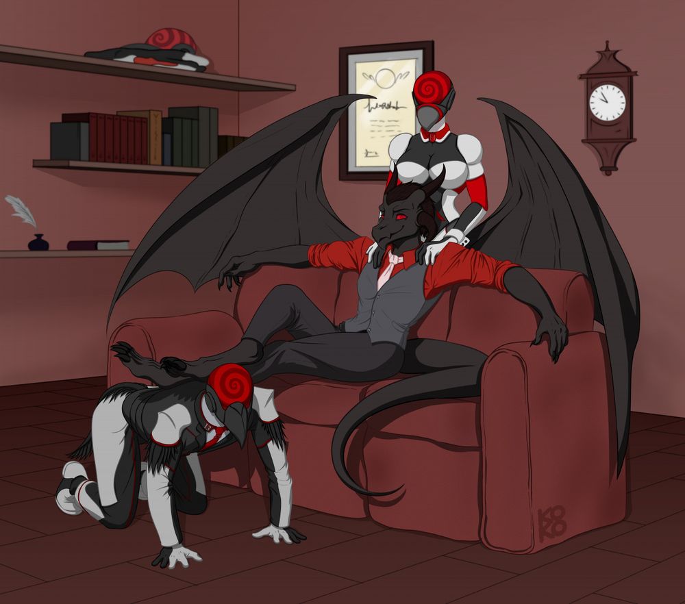 A black goo dragon in a grey suit and black pants use a flock drone as a footstool. Flock drone wears a black, white and red suit uniform. Another flock drone is massaging the dragon. All of them are inside a room with various shelves. One shelf holds unused uniform, one holds random books and another holds a ink and quill, along with a book. On the right top side is a old-style clocked showing it as 10 minutes til 10. On the top left side by one of the drones is a degree hanging on the wall.