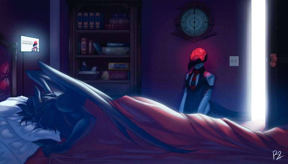 A black goo dragon sleeps in a bed with a red sheet over then and laying on white pillows. There is a drone sitting by a door with sunlight shining through. Above the drone is a clock showing 6 AM in the morning. On the left side of the drone is a bookshelf with a lot of different books. Further to the left is a tablet that has a picture of the said drone and their name.