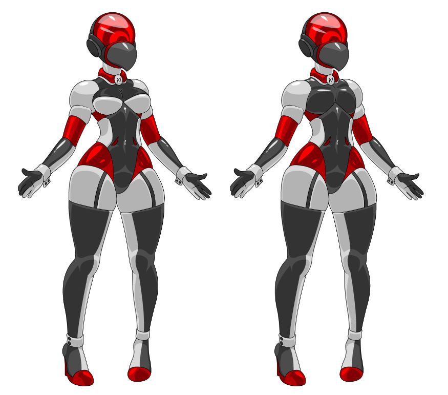 Two female drones wearing suits with black, white and red colors. Wearing a black raven mask with red spirals in the tint of the glass. They are wearing high heels and no dress. They are wearing white cuffs. They have a neck collar that says "A1"