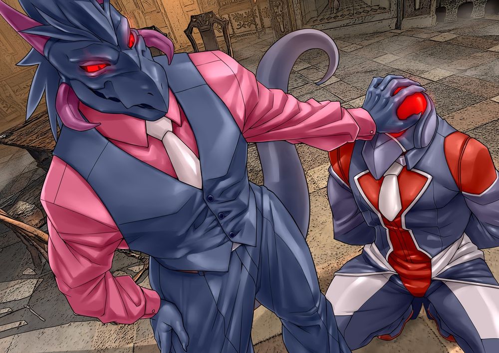 A black dragon in a red and black suit petting a droned out person in a uniform. Being petted and crouched down.