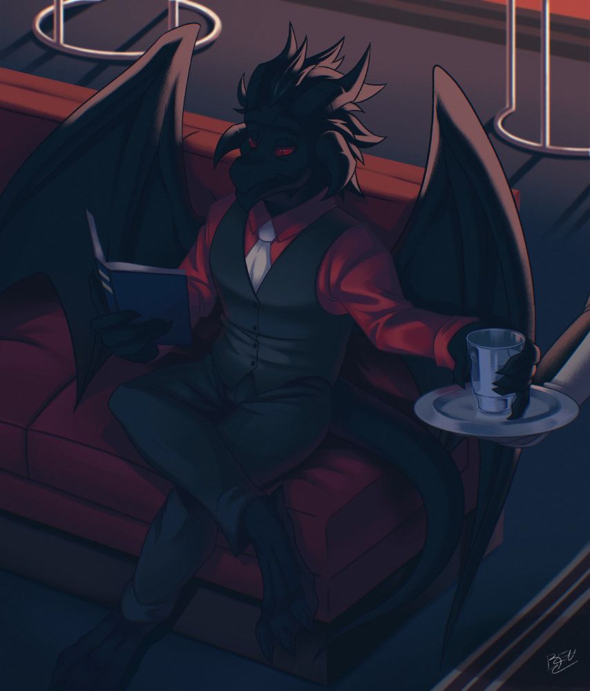 Black dragon with 4 big horns, fluffy hair and big wings is sitting on a red bar sofa. He is wearing a red shirt, pink tie, black best and black pants. He got a black tail resting on the edge of the sofa. An hand is handing him a class of water on a silver plate. The dragon is reading a book. They are sitting in a bar area with bar stools in the background in the back and on the right side is a rug pattern.
