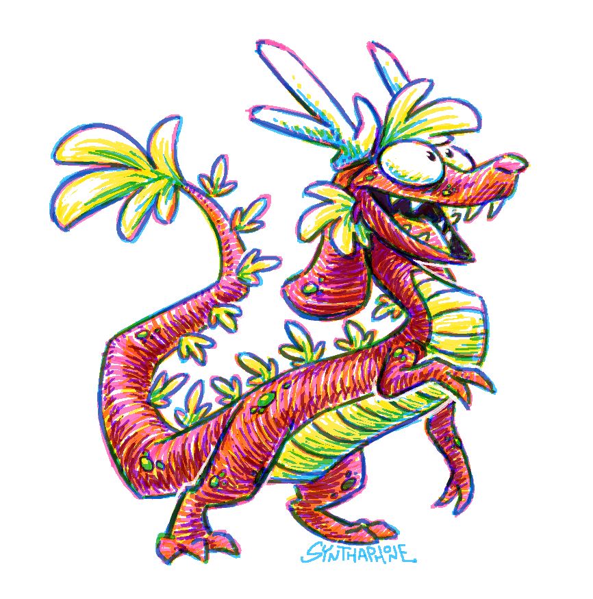 An illustration of Finnley, a cartoony eastern dragon/dachsund hybrid. They have a wide grin and are reared up on their hind legs, looking excitedly at something offscreen.