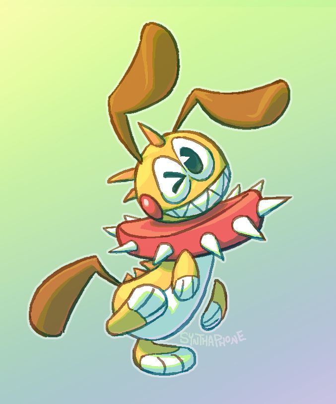 A digital illustration of Gnarchy, a cartoony dog-like monster character belonging to bsky user nematodeneedles. It has a simple cartoon face consisting solely of large cartoon eyes, a wide toothy grin, and shiny red cheeks. Its body is long and cylindrical, with 4 rounded paws, large floppy ears and tail, a row of spikes down its back, and an oversized red spiky collar. In this illustration, Gnarchy is bouncing up on one hind foot and winking at the viewer.