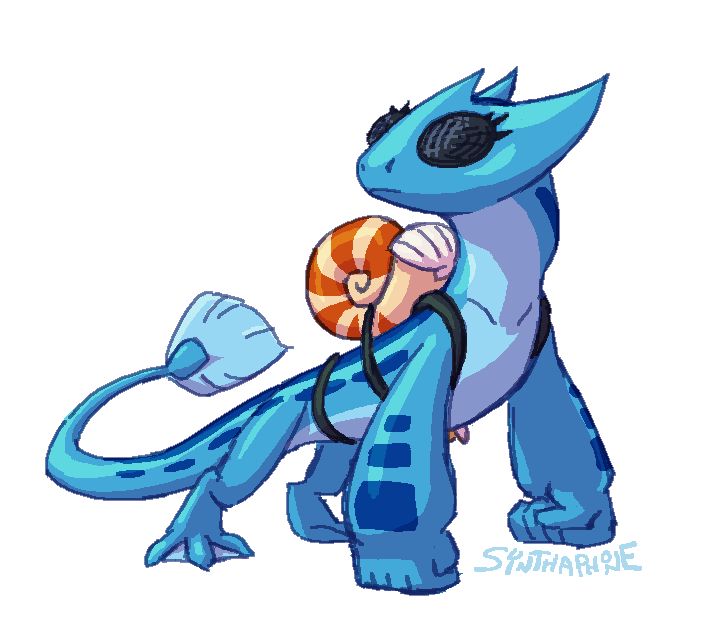 A digital illustration of Dolli, a blue aquatic quadrupedal alien character belonging to artfight user ScarlettVulpes. She has black segmented eyes like an insect, a salamander-esque head with 3 points at the top, a long tail with a fin on the end, and a backpack made out of a nautilus shell strapped to her back. She is balancing on her knuckles like a gorilla, turning her head to look attentively behind her.