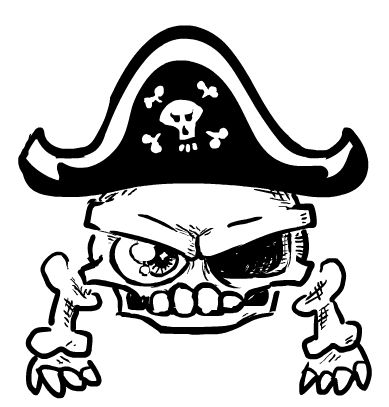 a rough doodle of Captain Dread, an evil skeletal Kiko pirate character from Neopets. The eyepatch he typically wears over his right eyesocket has been removed to reveal a round eye with large shines and a twinkle in it.