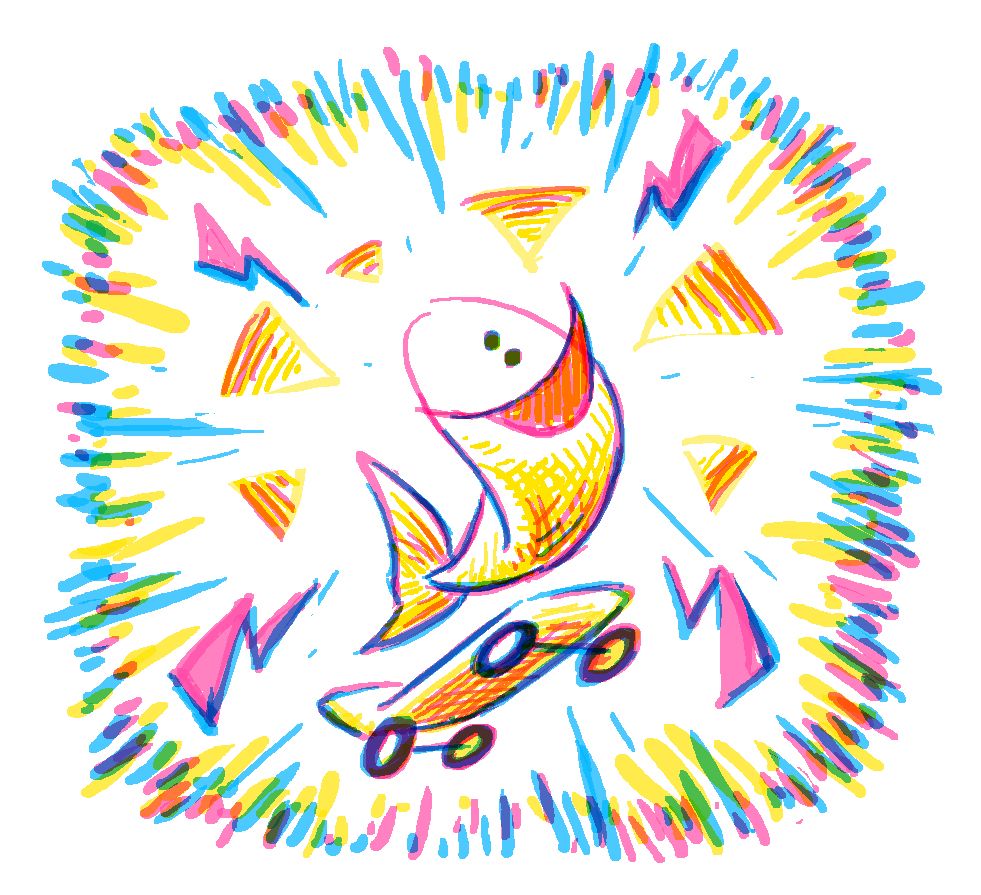 A sketchy, colorful digital illustration of a simple cartoon fish on a skateboard, leaping excitedly in the air with a goofy smile. Lightning bolts, triangular shapes, and colors radiate out from the fish to emphasize its energy.