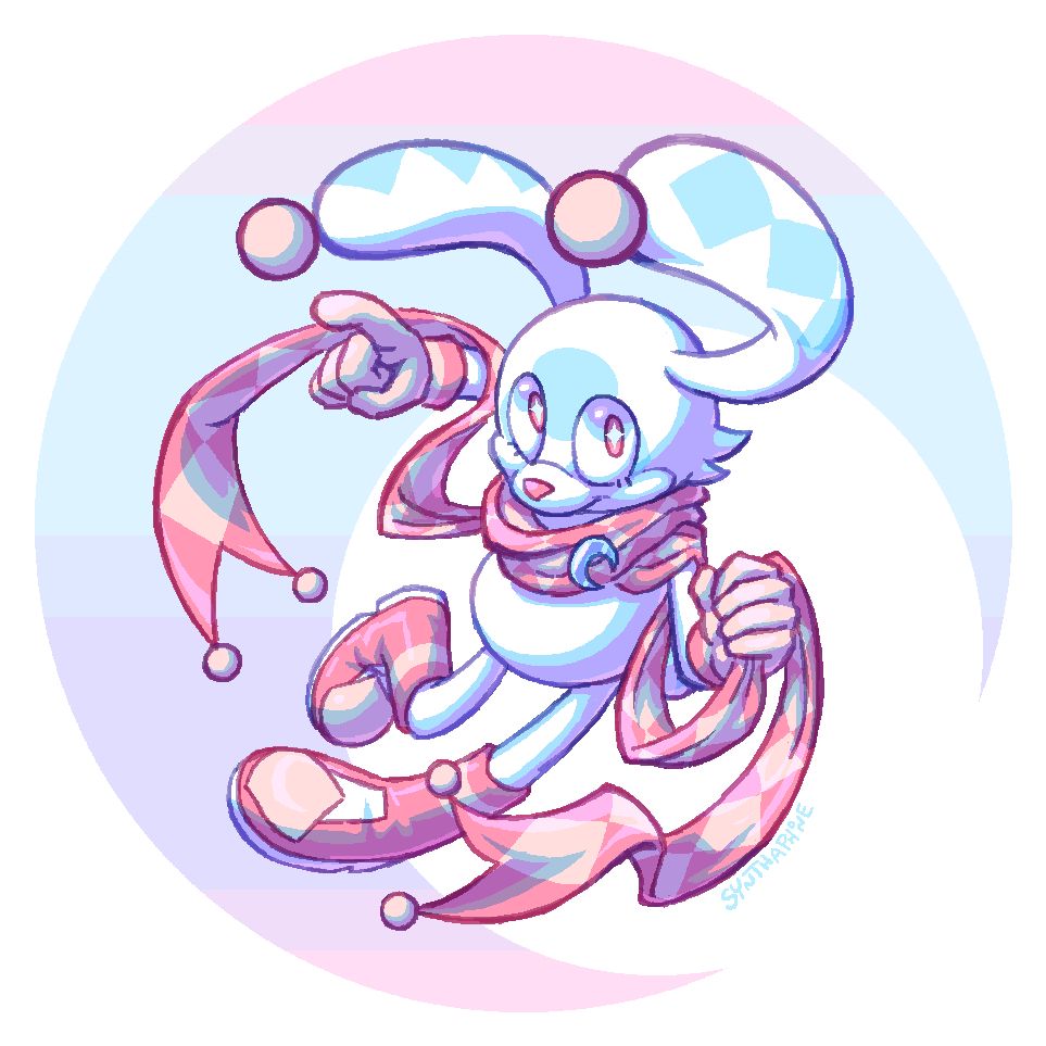 A digital illustration of bsky user moonreachingout's sonic sona, a white rabbit-esque character wearing pink shoes and gloves and a long pink diamond checked scarf. They're jumping in the air in an impractical but dynamic pose, as Sonic characters are wont to do; holding their scarf in one fist and pointing with their other hand.