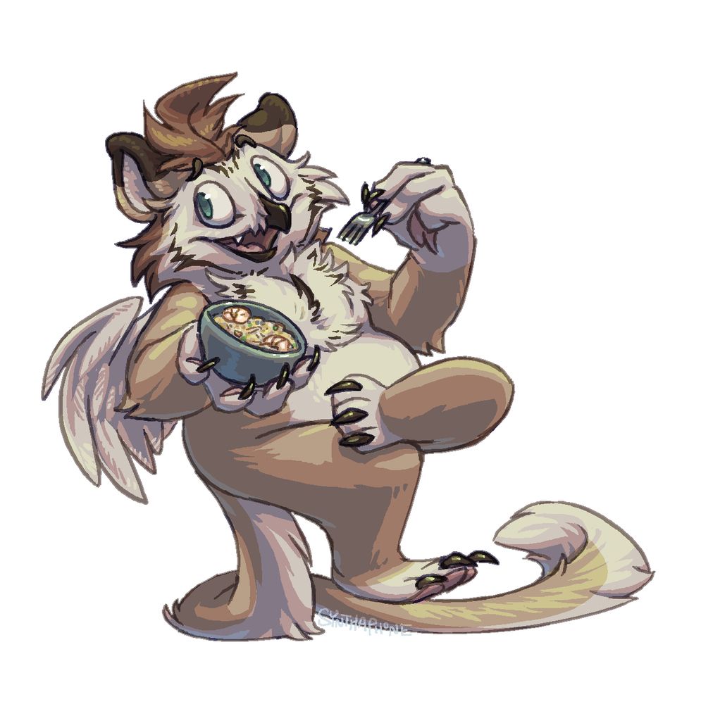 A drawing of Pibble, an anthropomorphic cat/owl hybrid, leaning back to balance on his tail in a casual sitting position. He holds a bowl of shrimp fried rice in one hand and gestures towards it with a fork in his other hand, smiling with his beak open and a raised eyebrow to the viewer, as if to say "you're telling me a shrimp fried this rice?"