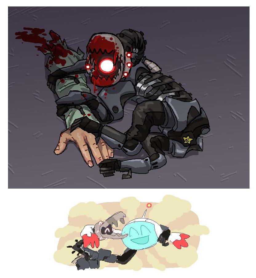 a drawing of Josie, a quadrupedal, roughly dog-shaped robot, gripping a disembodied human arm like a cat in the dark. She has her bloody jaws opened so that a bright red light inside can stare out as an eye, looking at the viewer like a deer in the headlights. A small gold star sticker with a goofy face is stuck to her butt. 

Underneath the image is a small cartoony doodle of Josie and my character, Viarnne, smiling with their arms around each others shoulders.