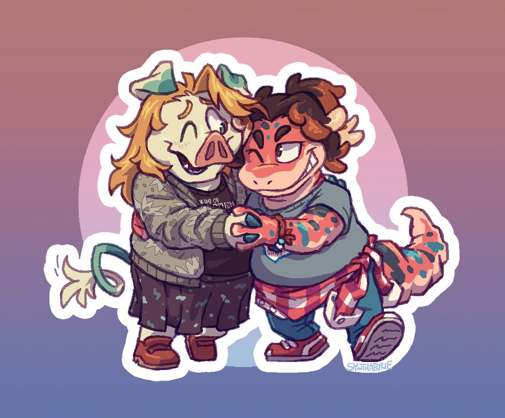 An illustration of Agnes, an anthro pig, and Tracy, and anthro leopard gecko. They're holding each other and smiling, Agnes blushing and Tracy with an impish grin.