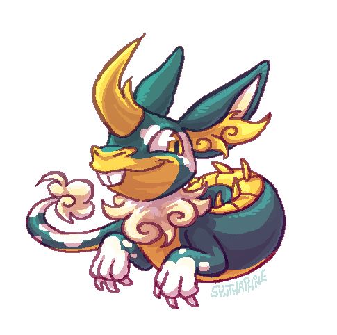 A digital illustration of Stormie, a rabbit/naga hybrid character belonging to thaihobbyistartist on bluesky. She has a dragon-esque face with a large golden horn on her forehead, rabbit ears and prominent front teeth, two clawed paws, and a long snakelike body ending in a cloudlike tail puff. She's depicted as if floating through the air, ears perked up with an impish grin on her face.