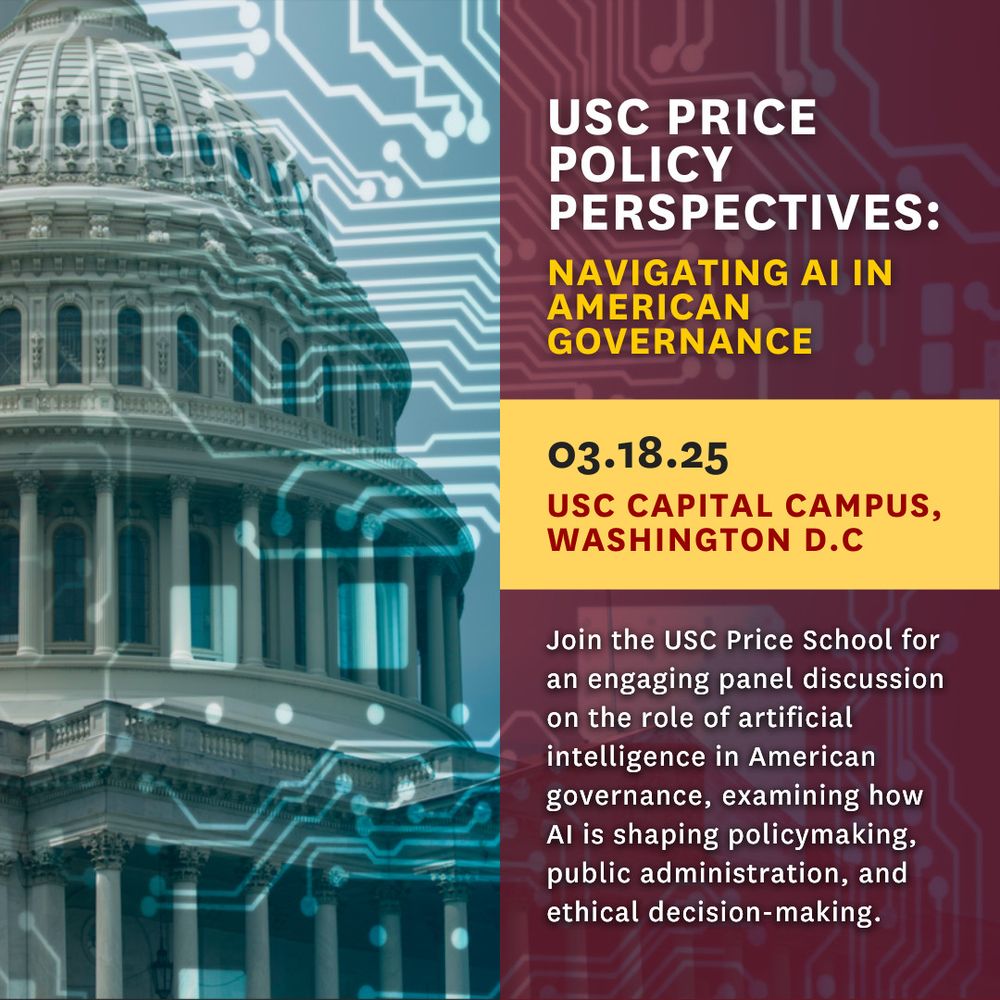 Promotional graphic for a panel discussion at USC Capital Campus in Washington D.C. titled 'Navigating AI: Policy Perspectives in American Governance.' Features an image of the U.S. Capitol building with overlay text detailing the event information happening on March 18th, 2025.