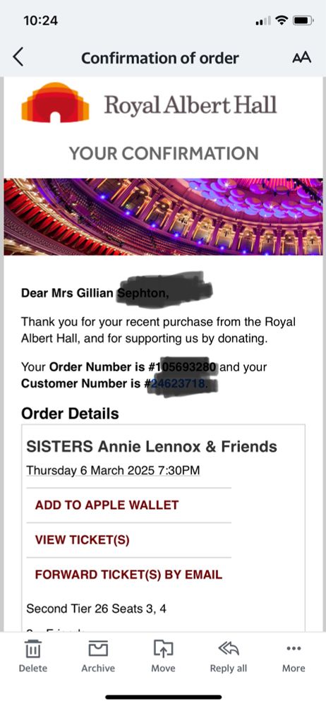 Confirmation of tickets to see Annie Lennox at the Royal Albert Hall in March 2025