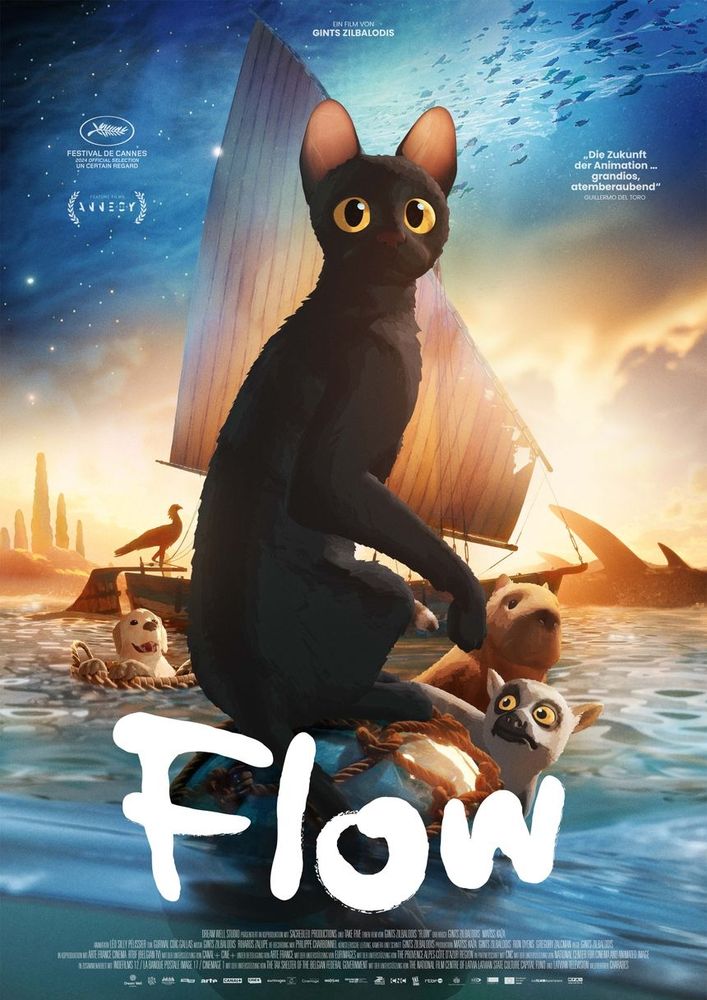 Promotional cover image for the movie Flow, which depicts an animated black cat with large yellow eyes stranded in the middle of a vast body of water among several other animated animals. In the background is a rundown sailboat, a hazy silhouette of a city in the distance, and a sky that is a hybrid of daytime and nighttime.