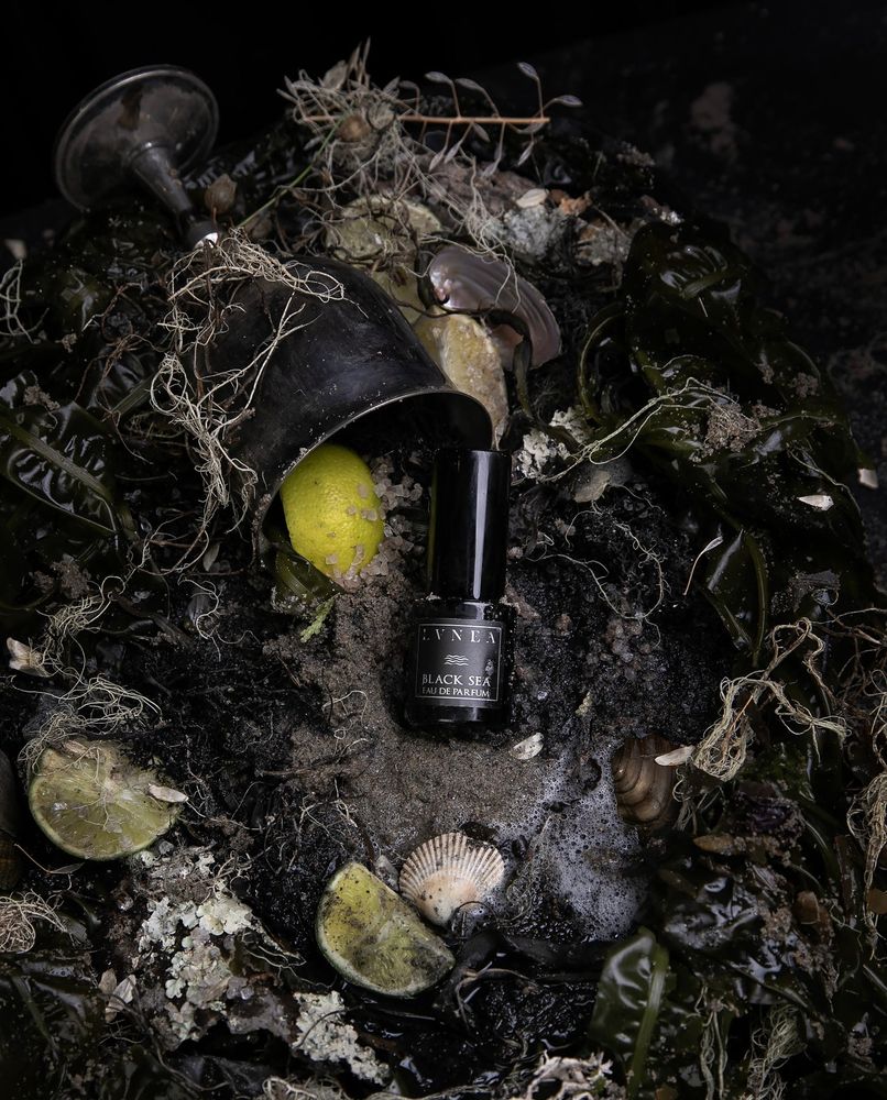 Lvnea website photo of a cylindrical opaque black glass bottle of Black Sea perfume laying in wet sand surrounded by seaweed, seashells, and an overturned silver goblet with sand-covered lemon wedges strewn around it. The scene is artfully messy, dark, and moody. The perfume appears to be a treasure that has washed ashore.