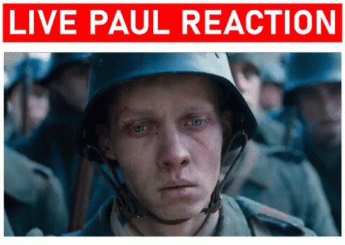 text saying Live Paul Reaction in white text, highlighted by red
depressed looking soldier infront of other soldiers