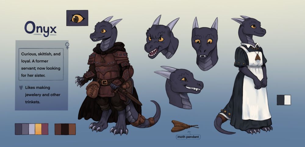 A reference sheet of a black-scaled kobold names Onyx. She has yellow reptilian eyes and short slightly curved horns.

She has two outfits: One is for adventuring consisting of studded leather armor, shortsword, shield and a long black cloak. The second one is her old servant's dress from the time she worked for the noble family that raised her. In both outfits she wears her moth pendant and small tail bags for storing all sorts of knickknacks.

The text box on the left reads: 
Curious, skittish and loyal. A former servant; now looking for her sister.
Likes making jewellery and other trinkets.