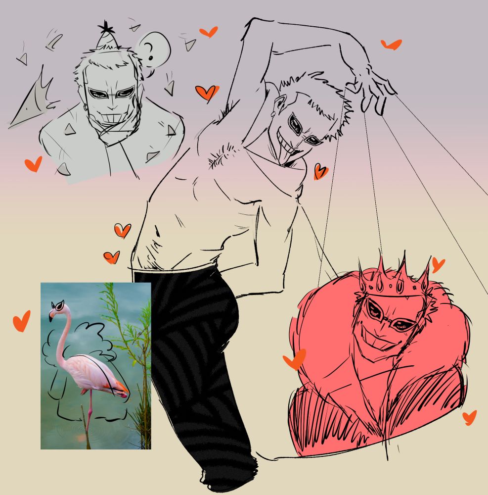 three different sketches of donquixote doflamingo