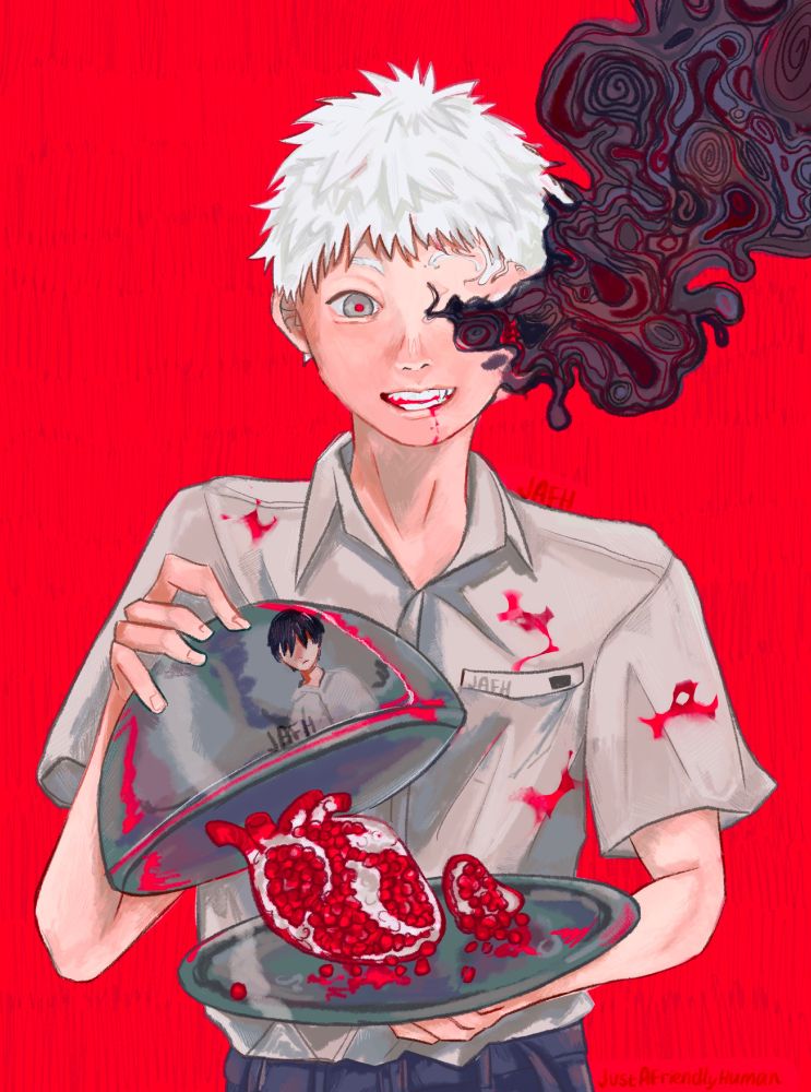 digital art of 'Hikaru' from HGSN holding an open platter with Yoshiki's reflection on it, and his insides coming from his eye