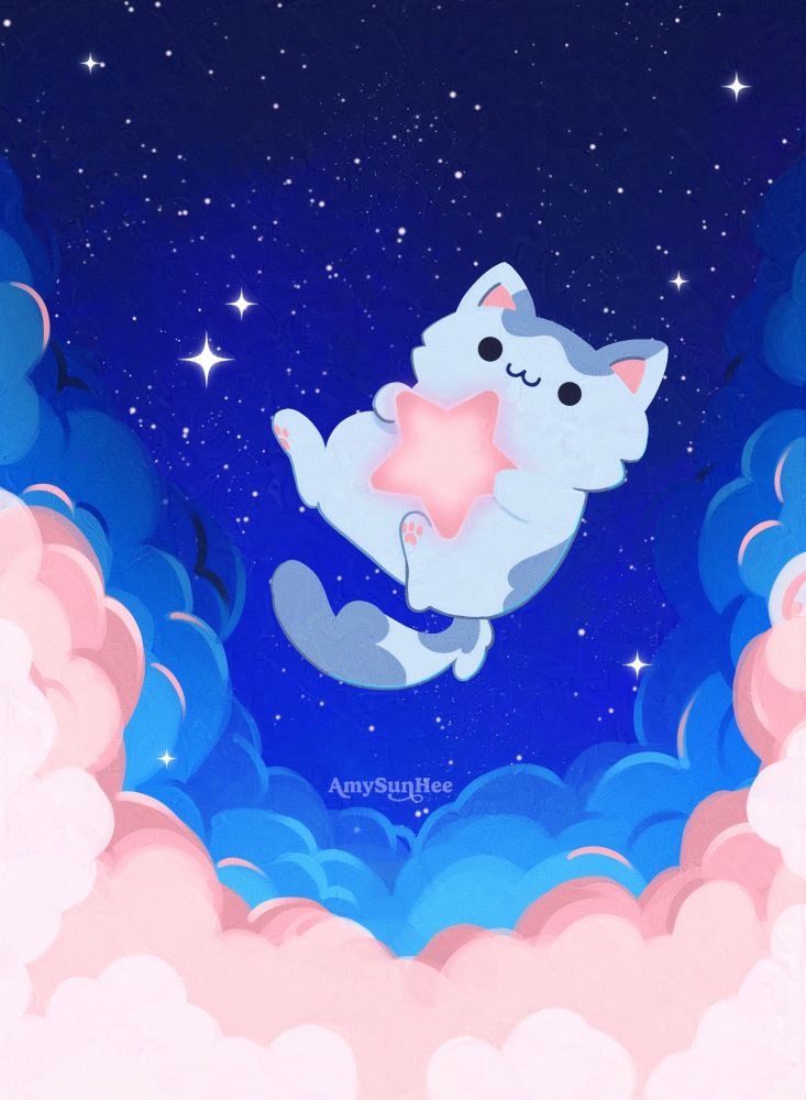 Digital illustration by AmySunHee of a cat holding a pink star floating in a starry sky 