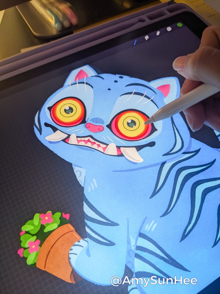 Digital illustration by AmySunHee of derpy tiger from Kpop Demon Hunters tipping up a flower pot 