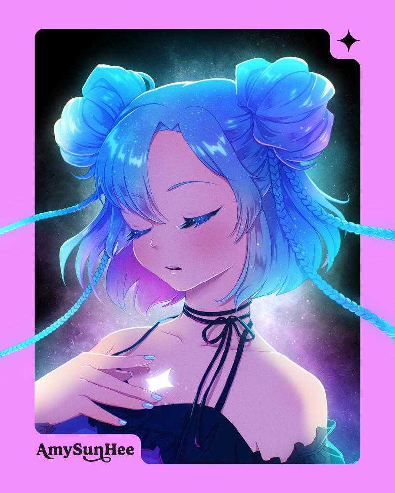Digital illustration by AmySunHee of a anime girl with twin buns and braids flowing from them, touching a glowing star on her chest with her eyes closed, surrounded by starry light