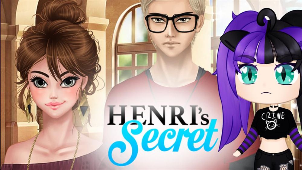 A purple and black-haired cat girl with green eyes is looking angrily at a woman with brown hair in a bun, greyish-blue eyes, and a smirk as well as a man with blond, short hair, grey eyes, and a neutral expression with thick, square glasses.  The text on the bottom reads "Henri's Secret."
