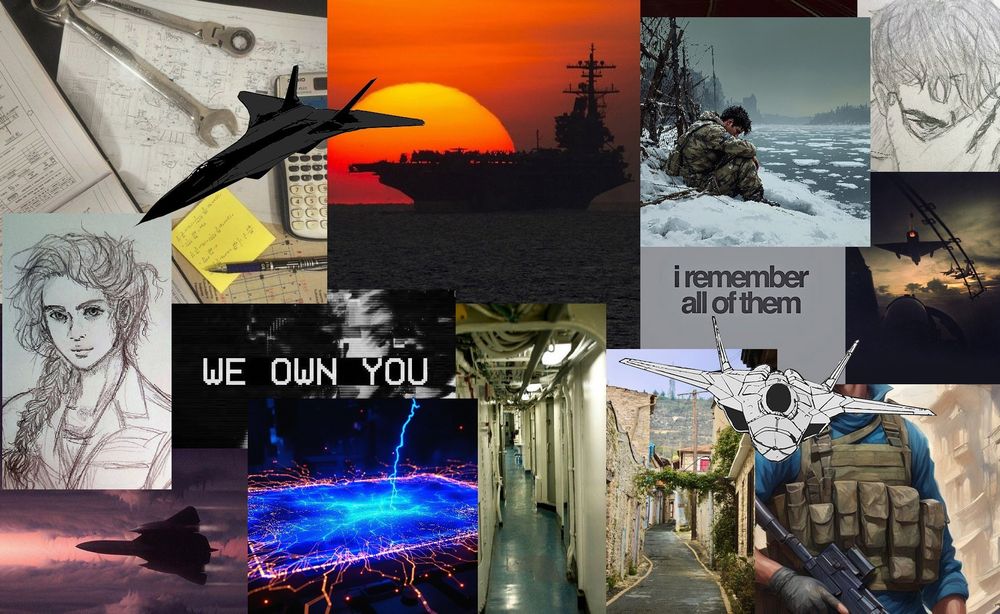 THE GUARDIAN PROJECT
A collage of 15 images: An assortment of papers, tools, a pen and calculator; a woman's bust, she has a messy braid over one shoulder, is wearing coveralls and has a resolute look on her face; a black jet flying through a dark cloudy sky; a long black fighter jet; an aircraft carrier in front of a large setting sun, a text image reading "we own you"; a sheet of blue plasma with sparks flying from it; the interior of an aircraft carrier hallway with pipes running along the ceiling; a dark-haired soldier sitting in the snow next to an icy river, his head is down looking sad; a text reading "I remember all of them"; a cobblestone path between stone buildings in Cyprus; a man with his face in his hand, one eye glaring intensely between his thumb and forefinger; a view from the inside of a jet cockpit flying towards a cloudy sunrise with a single-engine fighter jet flying in front of it; a large gray flying fighter jet front view; the torso of a soldier with a blue shirt and olive colored plated vest with many pouches, he has fingerless gloves on and is holding a rifle in one hand