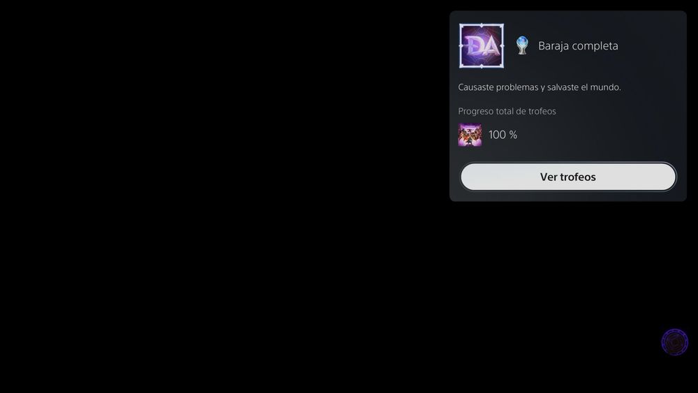 Una pantalla negra donde se ve en una esquina que he sacado el platino de Veilguard