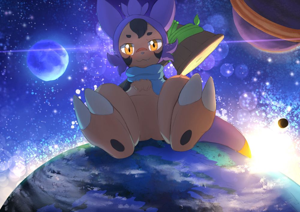 Ianthe the Chespin in a macro context. She is sitting atop the planet.
