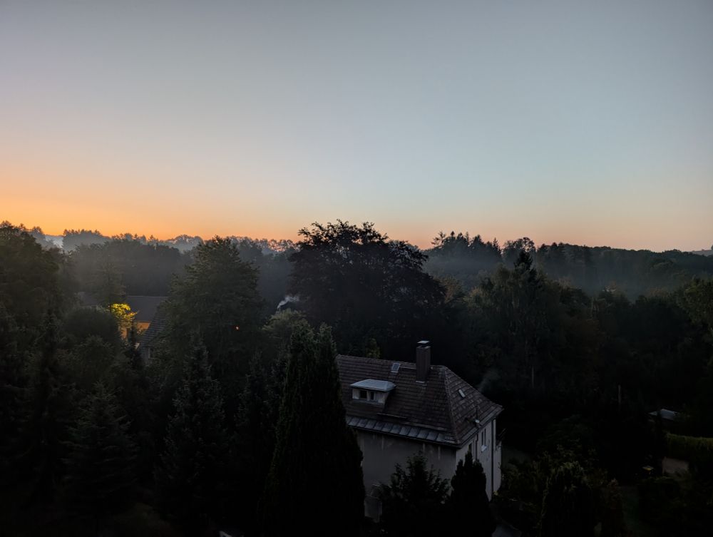 Blick vom Balkon Richtung Wald. Im Vordergrund ein Haus. Leichte Morgenröte.