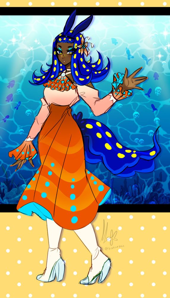 A blue sea slug with yellow polka dots stands waving her hand. She wears a tropical themed orange dress with white high-heeled boots. Has dark skin with yellow freckles. The background depicts an abstract underwater scenery with fish, bubbles, and coral on a yellow polka dot backdrop. 