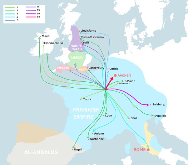Map showing Alcuin's letter network (based on Allott)