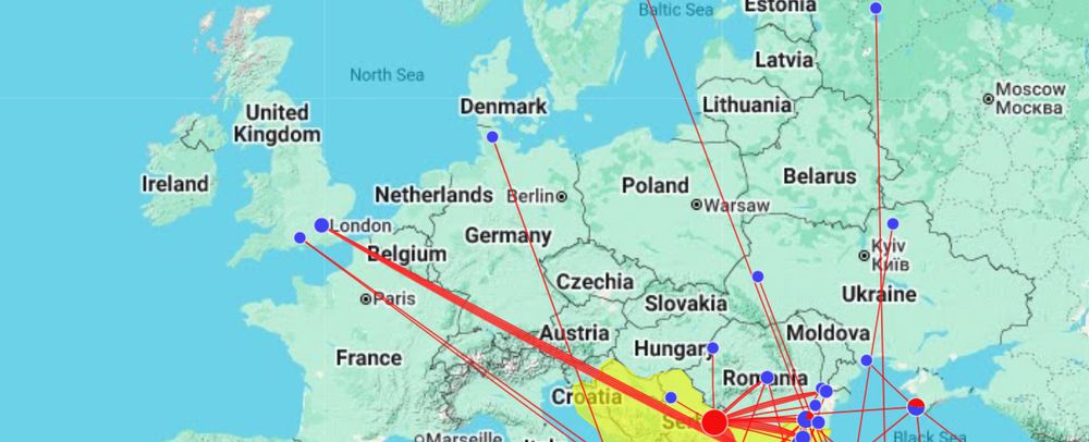 map showing find-spots with lines to point of issue
