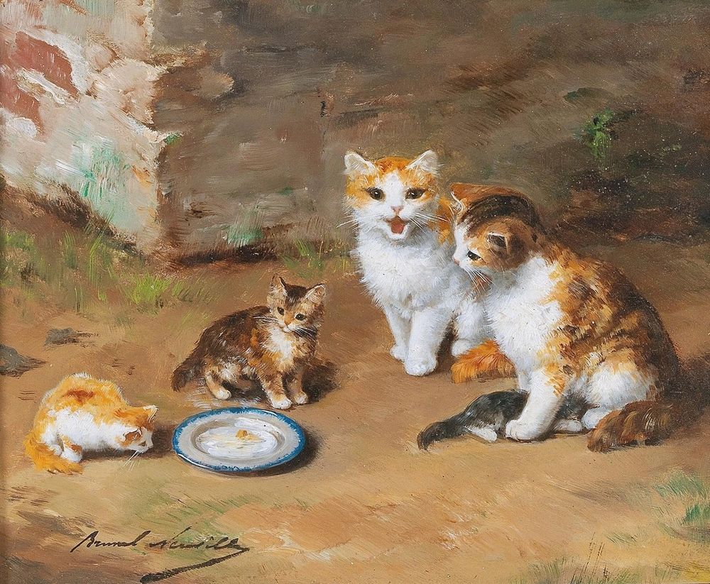 A painting of a cat family.