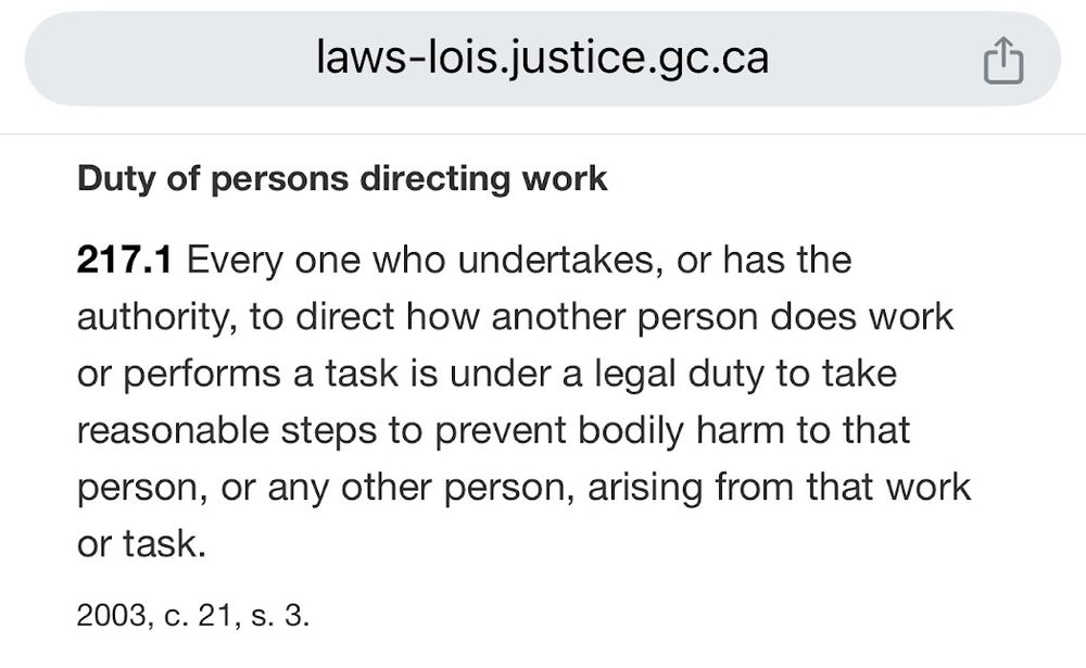 Duty of persons directing work

217.1 Every one who undertakes, or has the authority, to direct how another person does work or performs a task is under a legal duty to take reasonable steps to prevent bodily harm to that person, or any other person, arising from that work or task.

2003, c. 21, s. 3