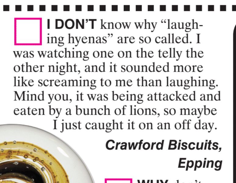 I don't know why "laughing Hyenas" are so called. I was watching one on the telly the other night, and it sounded more like screaming to me than laughing. Mind you, it was being attacked and eaten by a bunch of lions, so maybe I just caught it on an off day. Crawford Biscuits, Epping