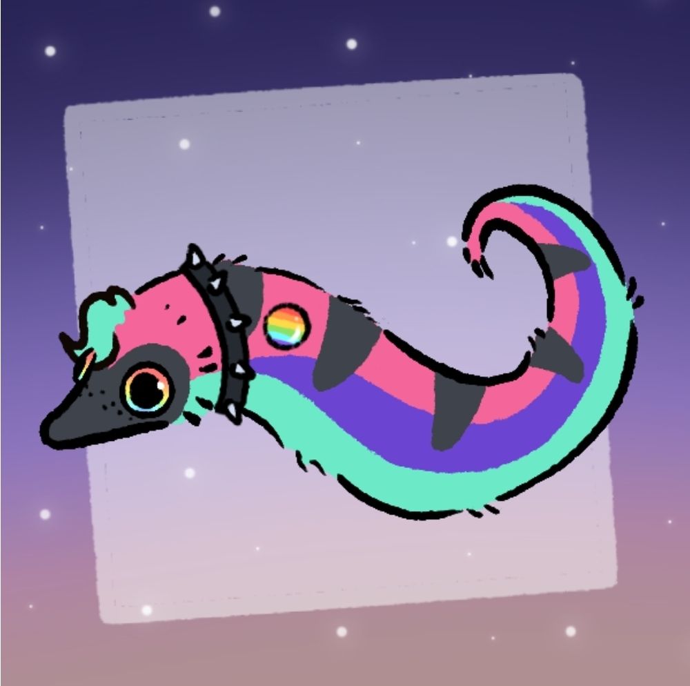 Pink purple and teal worm with black stripes, rainbow eyes, a spiked necklace and pride pin