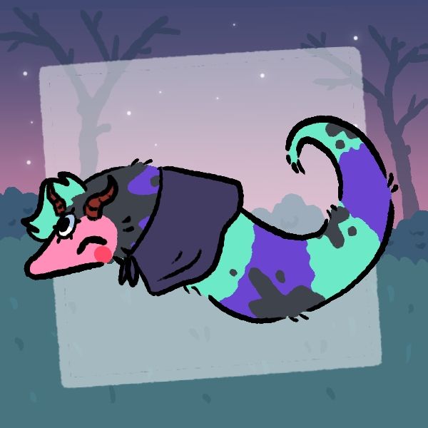 Pink purple and teal worm with black splotches, horns, a third eye, and a cloak