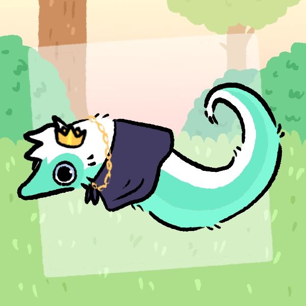 Worm based on Rauru from The Legend of Zelda: Tears of the Kingdom
A worm whose body is two shades of teal and has a solid white stripe down the back, its qearing a crown, gold chain, and cloak
