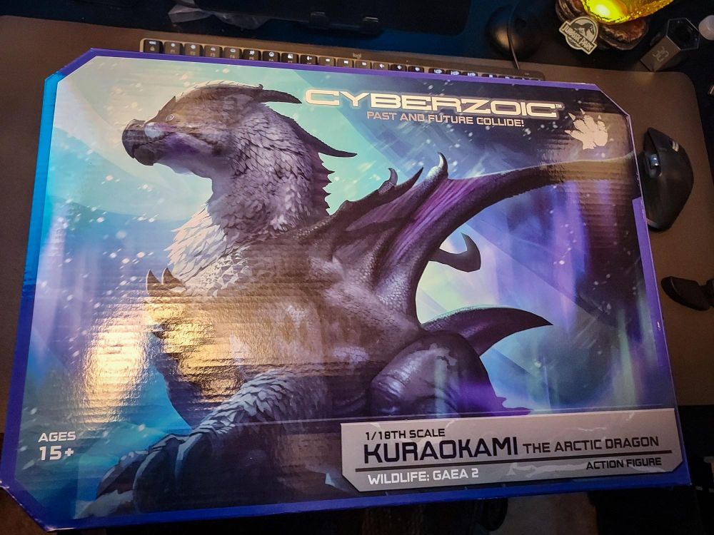 A large box sitting on a computer desk with keyboard and mouse behind for scale. The cover of the box features a dragon proudly standing in an ice cave with beams of light and snow falling on it. 