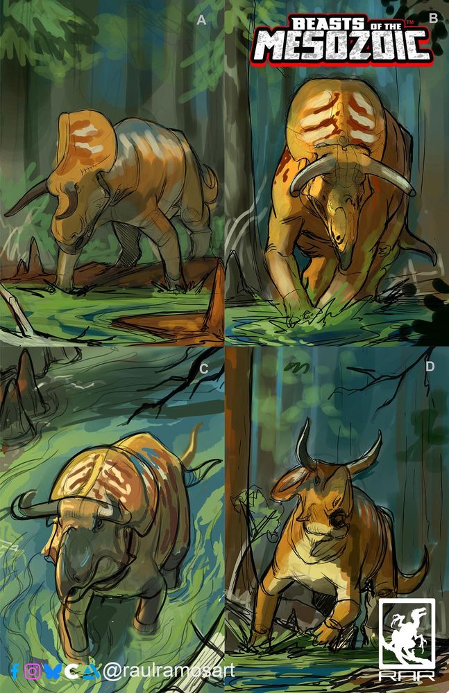 Several rough color sketches arranged in a grid showing alternate compositions for the completed illustration