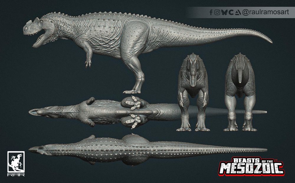 Several orthographic views of ceratosaurus nasicornis in a metalic grey material. Side view, top view, bottom view front and back views are shown arranged in a grid on the page. 
