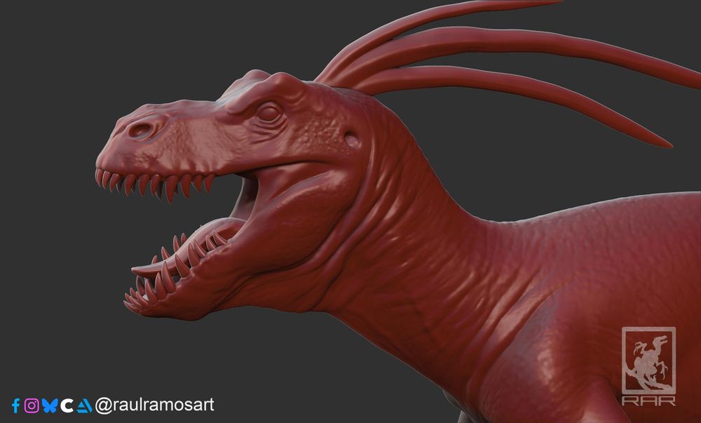 A close-up side view of a raptor-like creature head looking to the left of the frame. It's mouth is open, revealing a curved tongue and large, irregular, sharp teeth. There is no skin coloration or pattern. The whole model is rendered in a singular glossy red material