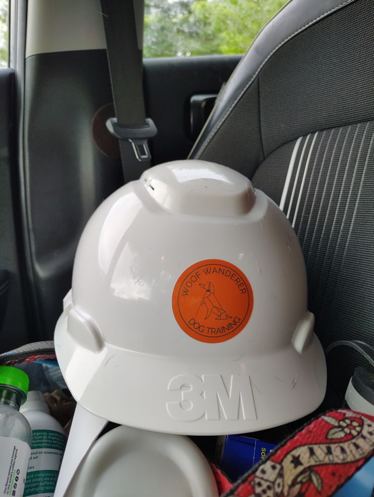 A white hard hat with an orange sticker showing the Woof Wanderer Dog Training logo
