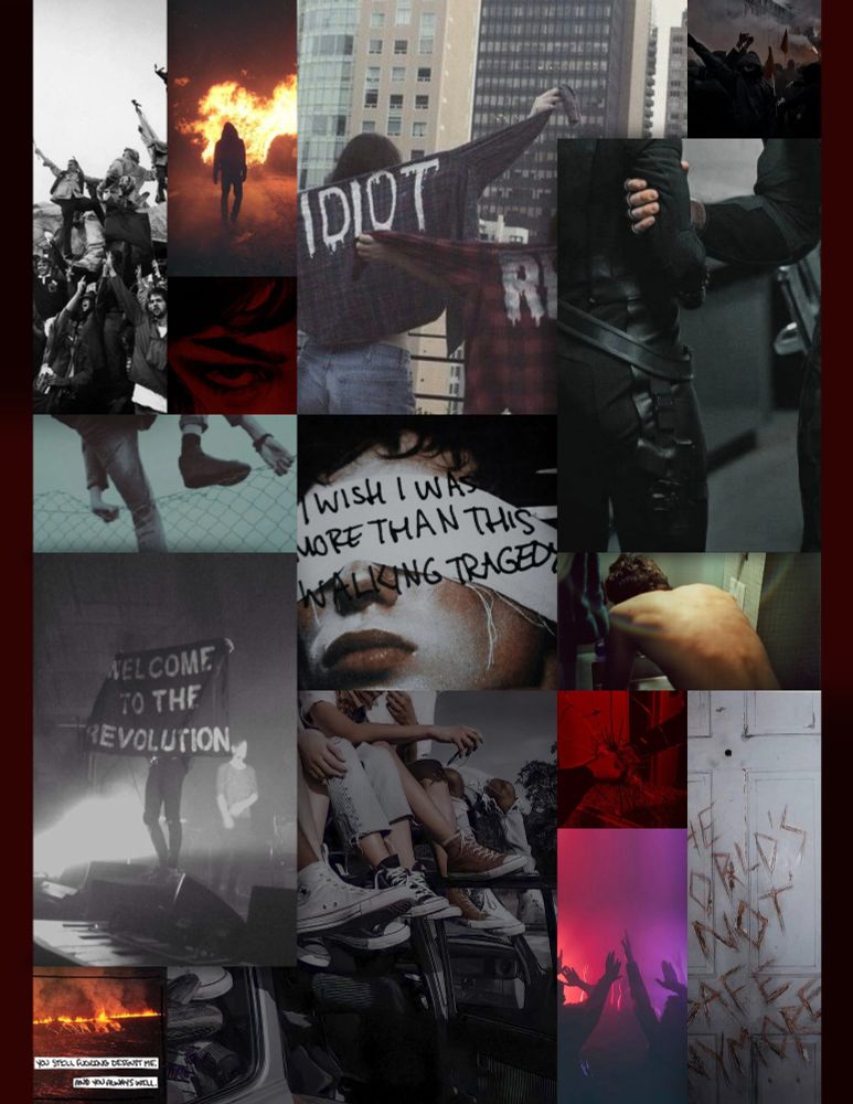 a moodboard for ΔΆΙΟΣ with a bunch of images that give a general revolution and overthrowing the government vibe.