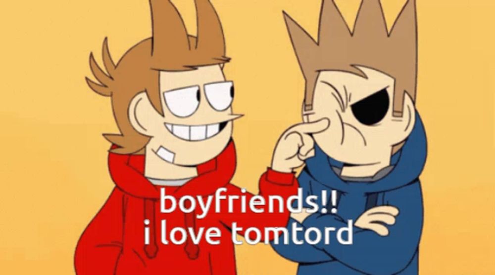 two cartoon characters are standing next to each other with the words " boyfriends !! i love tomtord " above them